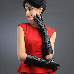 Women Custom Black Sheep Skin Fashion <b>Long</b> Leather <b>Gloves</b> Ladies Lambskin <b>Long</b> Length <b>Glove</b> Party Sheepskin <b>Gloves</b> - Product Image 3