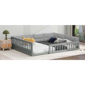 Letto matrimoniale in legno imbottito grigio con piattaforma e sponda di protezione - Product Image 5