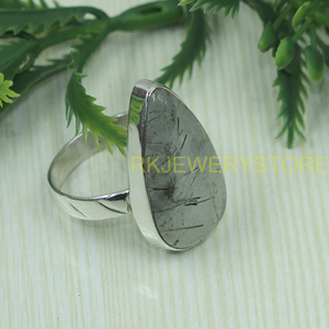 Anillo de Cuarzo Rutilado Negro, Plata de Ley 925, Hecho a Mano, con Gema en Forma de Lágrima, Anillo de Diseño, Regalo de Joyería para Mujer - Product Image 3