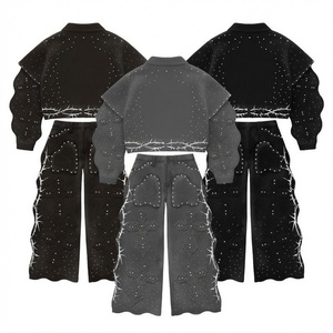Custom Women Set Denim Tracksuit Set Rhinestone Studded Cropped Jean <b>Jacket</b> Wide Leg Pants Washed Black <b>Gothic</b> Y2K Streetwear - Product Image 2