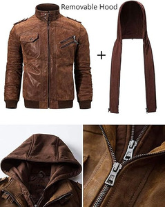 Veste en cuir marron pour homme Comfortex International, style motard, avec capuche amovible, veste en cuir décontractée et tendance pour homme - Product Image 5