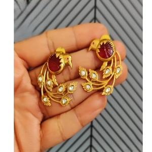 Stunning Vintage Gold Plated Alloy Chandelier <b>Earrings</b> With <b>Red</b> Stone And Zircon Leaves For Women Wedding Jewelry - Product Image 1
