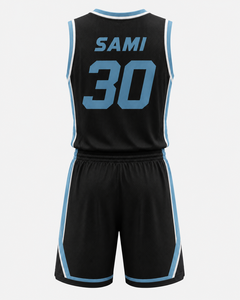 Ensemble de maillots de basketball SAMI ENTERPRISES, uniforme en mesh sublimé noir et bleu, col en V, sans manches, taille élastique, tenue d'équipe personnalisée pour - Product Image 2