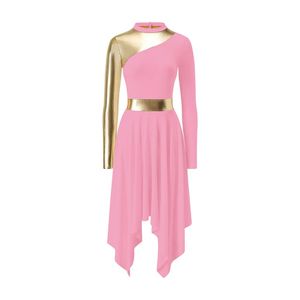 Tenue de danse tendance pour femmes, robe patchwork contrastée à manches longues et ourlet asymétrique - Product Image 2