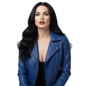Veste de moto en cuir bleu automne pour femmes, vente en gros personnalisée en vrac, prix d'usine, style motard authentique, manteau de mode pour femmes, OEM - Product Image 1