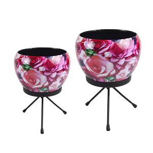 Maceta de Metal con Estampado de Rosas Frescas, con Soporte de Hierro, Forma Redonda, para Decoración Interior y Exterior, Maceta Pequeña - Product Image 1