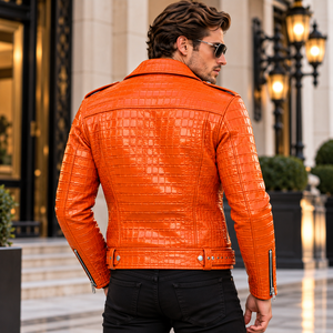 Premium Mens Orange for Pattern Leather Motorcycle Biker Jacket Breathable Winter <b>Belted</b> <b>Slim</b> Fit Zipper Closure - Product Image 3