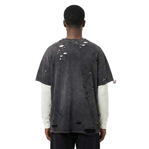 เสื้อยืดโอเวอร์ไซส์สีดำสำหรับผู้ชาย แขนสั้น คอกลม สไตล์สตรีท ผ้าคอตตอนเจอร์ซีย์ ลุคซักฟอก สีพื้น ดีไซน์เรียบง่าย - Product Image 2