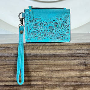 Western Style Tooled Genuine Leather Mini Zipper <b>Wallet</b> Floral Carving Coin & ATM <b>Card</b> <b>Holder</b> Wristlet Clutches For Everyday Use - Product Image 2