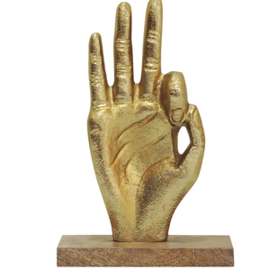 Escultura Moderna de Mano en Aluminio Dorado, Estatua de Vitarka Mudra para Decoración del Hogar, Oficina, Escritorio y Sala de Estar, Figura sobre Base de Madera - Product Image 1