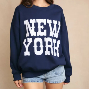 เสื้อสเวตเชิ้ตโอเวอร์ไซส์สีกรมท่าสำหรับผู้หญิง พิมพ์ลายโลโก้ NEW YORK ด้านหน้า สไตล์ลำลอง คอกลม แขนยาว ผ้าฟลีซ ฮู้ดดี้ ผ้าฝ้าย 100% - Product Image 2