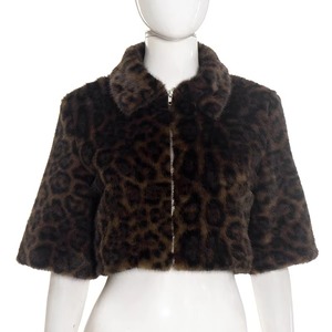 Women <b>Leopard</b> Print <b>Faux</b> <b>Fur</b> Crop <b>Coat</b> Zipper Lapel Winter Outerwear Short Sleeveless Jacket - Product Image 5