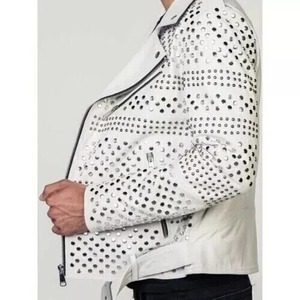 <b>Men</b> Leather <b>White</b> <b>Jacket</b> - Punk Studded Motorcycle Genuine Cowhide Leather <b>Jacket</b> - Product Image 3