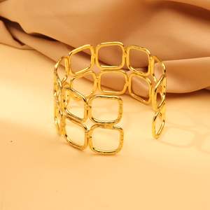 Luxury Geometric Square Link Gold Plated Brass Open Cuff <b>Bracelet</b> – Handcrafted Statement Fashion Bangle for Women - Product Image 3
