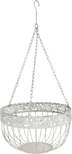 Pot de fleurs suspendu en métal blanc avec bordure décorative antique, chaîne de suspension et crochet pour balcon, patio, jardin - Product Image 2