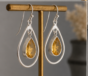 Boucles d'oreilles en argent sterling avec citrine en forme de goutte, boucles d'oreilles pendantes en citrine faites à la main, bijoux en argent pierre de naissance de novembre - Product Image 1