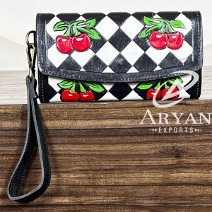 Factory Direct Wholesale Black & White Checkered <b>Leather</b> Wallet With Wristlet New Cherry Design Genuine <b>Leather</b> Women's Clutch - Product Image 1