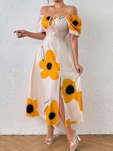 Vestido Maxi de Verano para Mujer Talla Grande, Cuello con Lazo, Mangas Abullonadas, Estampado Floral, Tejido de Tela, Silueta en A, Cintura Alta, Transpirable - Product Image 3