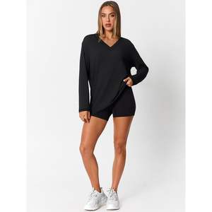 FOXA 2025 T-shirts surdimensionnés pour femmes, col V, manches longues, hauts de gymnastique, t-shirts basiques de grande taille pour le printemps, vêtements d'entraînement décontractés - Product Image 2