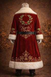 Costume de Père Noël en velours rouge avec bordure en fourrure blanche et broderie de houx pour hommes adultes - Product Image 6