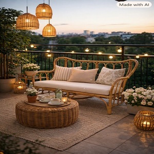 Canapé d'angle deux places en bambou artisanal au meilleur prix, dossier incurvé en forme de S, accoudoirs rembourrés, coussin blanc, pieds en bois de style mid-century modern - Product Image 5