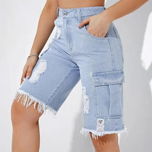 Shorts cargo en jean bleu clair taille haute avec ourlet effiloché et poches, shorts décontractés pour femmes, shorts streetwear d'été - Product Image 6