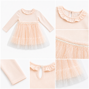 Robe de soirée en tulle côtelé à manches longues pour bébé fille avec col à volants - Product Image 5