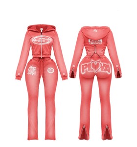 Conjunto de Sudadera con Capucha Morada de Dos Piezas para Mujer, con Cremallera, Estilo Vintage, Lavado Ácido, Personalizable con Logotipo, Novedad OEM - Product Image 2