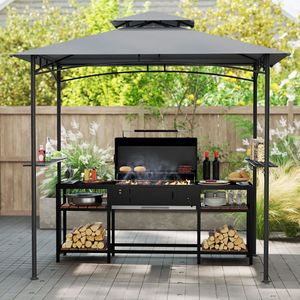 Gazebo per Barbecue 8 x 5 Piedi con Telaio in Metallo Resistente, 2 Ripiani e 6 Ganci - Tettoia e Pergola - Product Image 1