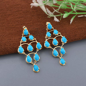 Boucles d'oreilles pendantes style bohème, serties de pierres précieuses multicolores turquoise bleue, en laiton plaqué or 18 carats, bijoux fantaisie, boucles d'oreilles tendance - Product Image 2