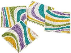 Abstract Swirl Stripe Beaded Coasters <b>Set</b> <b>Square</b> Handmade Glass Seed Beads Colorful Wavy Lines Tabletop Accents - Product Image 1