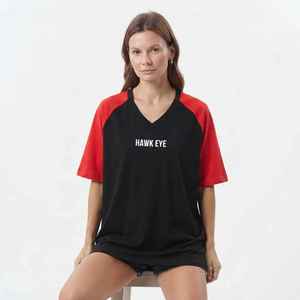 <b>Women's</b> Black Red Half Sleeve Oversized <b>T</b>-<b>Shirt</b> <b>V</b>-<b>Neck</b> Loose Fit Color Blocked Knitted Short Sleeve Regular Length - Product Image 5