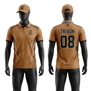 Chemise de golf pour homme, premium, 185 GSM, polyester et élasthanne, douce, respirante, anti-humidité, camel, marron, design à panneaux noirs, sublimation. - Product Image 1