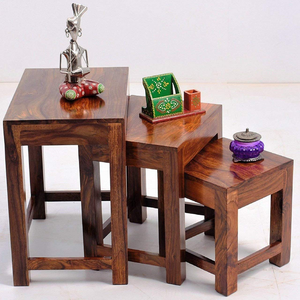 Mesas Auxiliares de Madera, Taburetes Rústicos de Madera Maciza con Vetas Naturales y Superficies Cuadradas para Sala de Estar, Dormitorio, Baño - Product Image 3