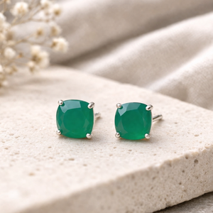 <b>Green</b> Onyx Cushion Prong Stud <b>Earring</b> 8x8mm Faceted Gemstone <b>Earring</b> Handmade Minimalist Jewelry Gift for Her - Product Image 1