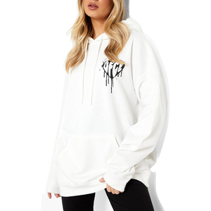 Sweat à capuche pour femme de qualité supérieure, design élégant, blanc, coupe ample, avec logo cœur noir effet gouttelettes imprimé au dos, taille S standard - Product Image 1