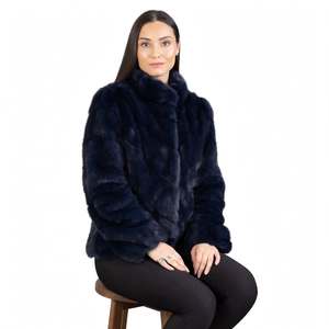 Whiteaura International Women's Navy Blue Faux Fur Jacket Stand Collar Full Sleeve Breathable Vintage Short Length Winter Coat - Product Image 4