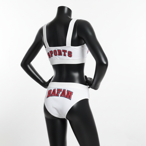 Conjunto de bikini de poli spandex de alta calidad, 185 GSM, color blanco, tela suave y elástica, con logo bordado, diseño personalizado para mujer. - Product Image 3