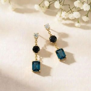 London Blue Topaz <b>Black</b> Obsidian Drop Earrings Rectangle & Round Cut CZ Accent Minimalist Stud Dangle Gift For Her Jewelry - Product Image 4