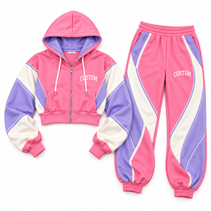 Conjunto de chándal OEM para mujer con bloques de color personalizados, sudadera corta con cremallera y paneles rosas, pantalones de chándal con puños, conjunto de 2 piezas para descansar - Product Image 3