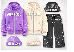 Conjunto de Sudadera con Capucha y Pantalones Deportivos de Forro Polar 100% Algodón Transpirable para Invierno, Color Rosa con Pedrería, con Cremallera, y Gorro a Juego, Estilo Urbano para Hombre - Product Image 6