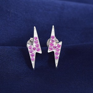 Latest Trendy Minimalist 925 Sterling <b>Silver</b> Fine Jewelry Thunder Bolt Design Fine <b>Stud</b> Earrings Natural Pink Sapphire Gemstones - Product Image 4