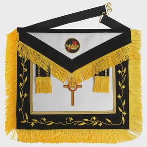 Tablier maçonnique personnalisé en cuir noir avec franges jaunes, broderie couleur unie, col en V, application de badge à coudre sur vêtement - Product Image 5