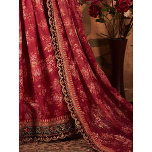 Hermoso granate floral impreso organza boda Lehenga Choli elegante vestido de novia para ocasiones especiales - Product Image 2