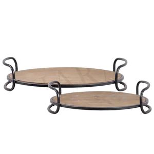 Plateau de service pour boissons Forme ronde en bois avec poignées en métal Décoration de table pour la maison, l'hôtel et les restaurants - Product Image 1