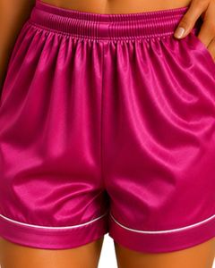 Conjunto de Pijama de Satén Rosa Intenso Personalizado por el Fabricante, Ropa de Dormir de Seda para Mujer, Conjunto de Pijama con Bordado de Osito de Peluche, Manga Corta, Suave, para Descansar - Product Image 6