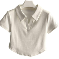 T-shirt côtelé décontracté respirant à col revers pour femme grande taille 2023, avec impression sérigraphique en relief personnalisée, haut court d'été
