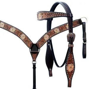 Nouvelle vente chaude collier de poitrine usiné aztèque et tête faite à la main en cuir véritable selle de cheval de mode occidentale