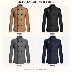 <b>Men's</b> Double Breasted Wool Overcoat Stand Collar Epaulets Long Slim Fit <b>Trench</b> <b>Coat</b> - Product Image 3