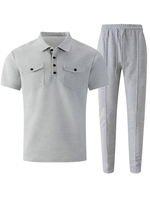 Men's Winter Solid Casual Fleece Knitted Short Sleeve Polo Shirt Set Customized Options Pockets Matching Pants Breathable High